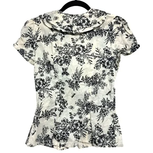 Romy Womens Small Floral Button-Down Blouse With Ruffle Collar Short Sleeves 100 - Picture 2 of 8
